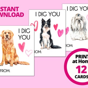 12 Instant Download Puppy Printable Valentine&#39;s Day Cards, Classroom Valentine Cards, Dog Valentine Cards, Valentines for kids, V-day cards