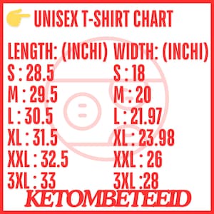 May include: Unisex t-shirt size chart with measurements in inches. The chart shows the length and width of t-shirts in sizes S, M, L, XL, XXL, and 3XL.