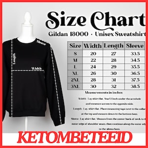 May include: Size chart for a Gildan 18000 unisex sweatshirt. The chart shows measurements in inches for width, length, and sleeve length for sizes S, M, L, XL, 2XL, and 3XL.
