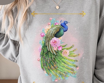 Peacock Floral Art Sweatshirt: Boho Women&#39;s Cozy Pullover