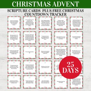 May include: Christmas Advent Scripture Cards with a countdown tracker. The cards have a red and green border and feature Bible verses. A red circle displays "25 DAYS".