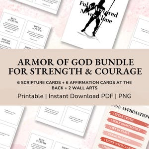Pacote de cartões com versículos bíblicos para impressão da Armadura de Deus para coragem, afirmação das escrituras, pôster de fé, arte de parede cristã, download instantâneo