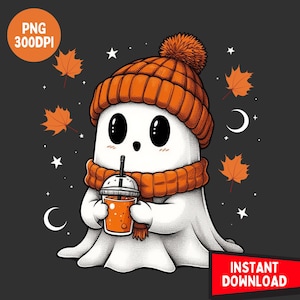 Puede incluir: Un simpático fantasma de dibujos animados con gorro y bufanda de punto naranja, sosteniendo una bebida con pajita. El fantasma tiene grandes ojos negros, rodeado de hojas de otoño naranjas, estrellas y una luna creciente sobre fondo gris oscuro.