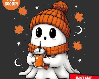Kawaii Fall Ghost PNG Clipart: Halloween Pumpkin Drink Graphic (Digital Download