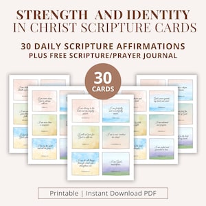Puede incluir: Un conjunto de 30 tarjetas de versículos bíblicos con fondos de acuarela y afirmaciones. Las tarjetas están dispuestas en pilas, con el texto "Strength and Identity in Christ Scripture Cards" en la parte superior. Las tarjetas están etiquetadas como "Printable | Instant Download PDF".