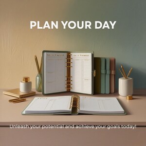 May include: A green daily planner with gold rings and lined pages, alongside pens, a small notebook, and a decorative bottle. The text "PLAN YOUR DAY" is at the top, with the phrase "Unleash your potential and achieve your goals today!" at the bottom.