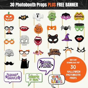 Può includere: Una collezione di 30 oggetti di scena per fototessere a tema Halloween, tra cui zucche, pipistrelli, fantasmi e maschere. Sono incluse anche nuvolette con frasi come "Witch Please" e "Squad Ghouls". L'immagine include anche il testo "30 Halloween Photobooth Props".