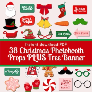Christmas Photo Booth Props set: Printable Party Decorations + Bonus Banner (PDF Download)