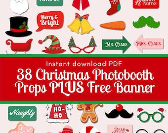 Christmas Photo Booth Props set: Printable Party Decorations + Bonus Banner (PDF Download)