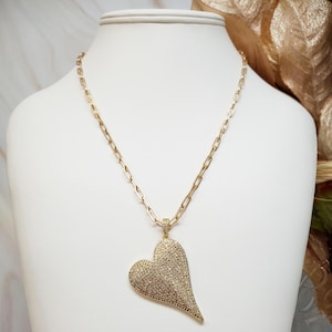 Large Gold CZ Heart Necklace: Statement Bling Jewelry
