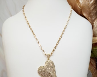Large Gold CZ Heart Necklace: Statement Bling Jewelry