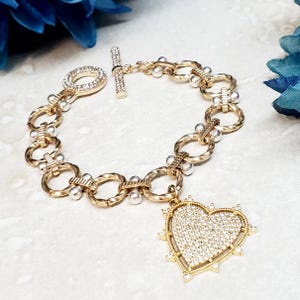 Leaning Heart Bracelet,  Love Bracelet,  CZ Heart Jewelry, Bling Bracelet, Gold CZ Heart Bracelet, Heart Jewelry, Dazzling Heart Bracelet