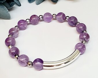 Amethyst and Hematite Silver Tube  Gemstone Stretch Bracelet