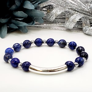 Lapis and Hematite Silver Tube Gemstone Stretch Bracelet