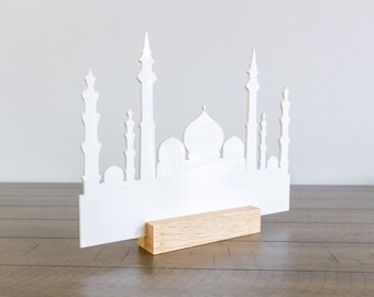 Minaret White Mosque with Wooden Stand, Ramadan, Ramadan Decoration, Ramadan Decor, Eid Decoration, Eid Decor