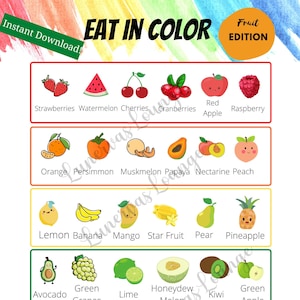 Kinder Obst Poster | Eat In Color | Regenbogen-inspiriertes Ernährungsposter mit Etiketten | Sofort Download