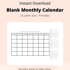 Puede incluir: Un calendario mensual en blanco imprimible en tamaño carta de EE. UU. El calendario tiene una cuadrícula con espacios para cada día de la semana, de domingo a sábado. Hay una sección de notas en el lado derecho del calendario.