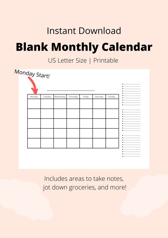 Blank Monthly Calendar With Notes, Monday Start, Minimalist Design Instant  Download, Print at Home - Etsy