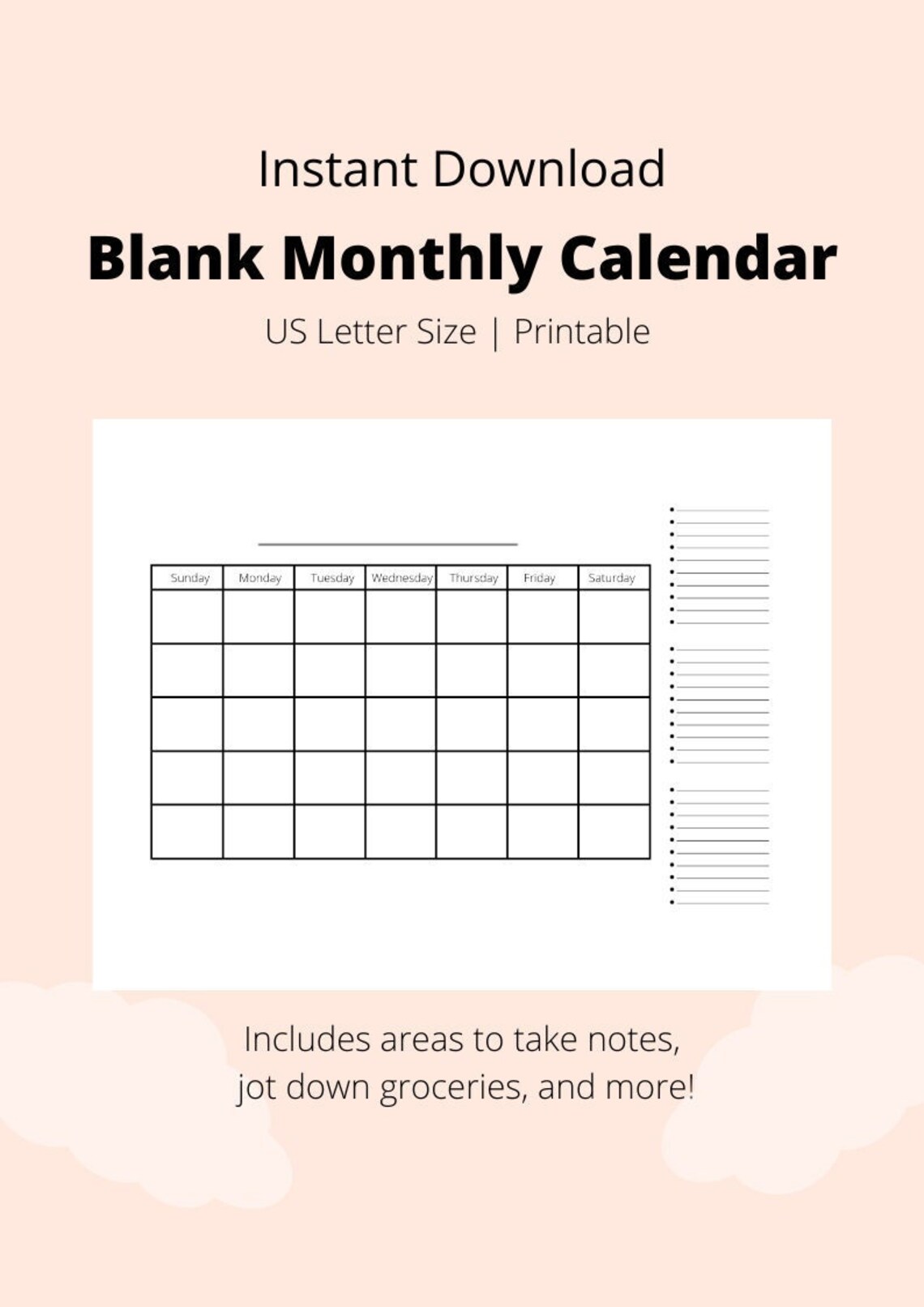 Blank Monthly Calendar Printable With Notes Section, Minimalist ...