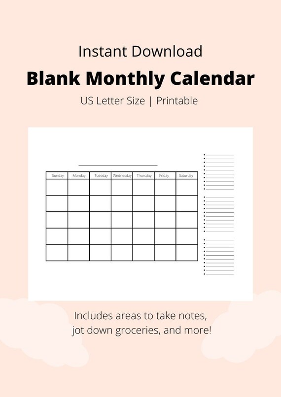 Blank Monthly Calendar Printable With Notes Section | Etsy