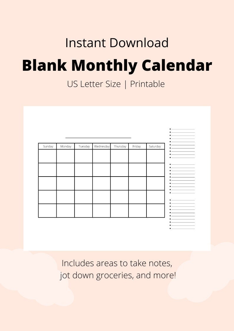 Blank Monthly Calendar Printable With Notes Section, Minimalist ...