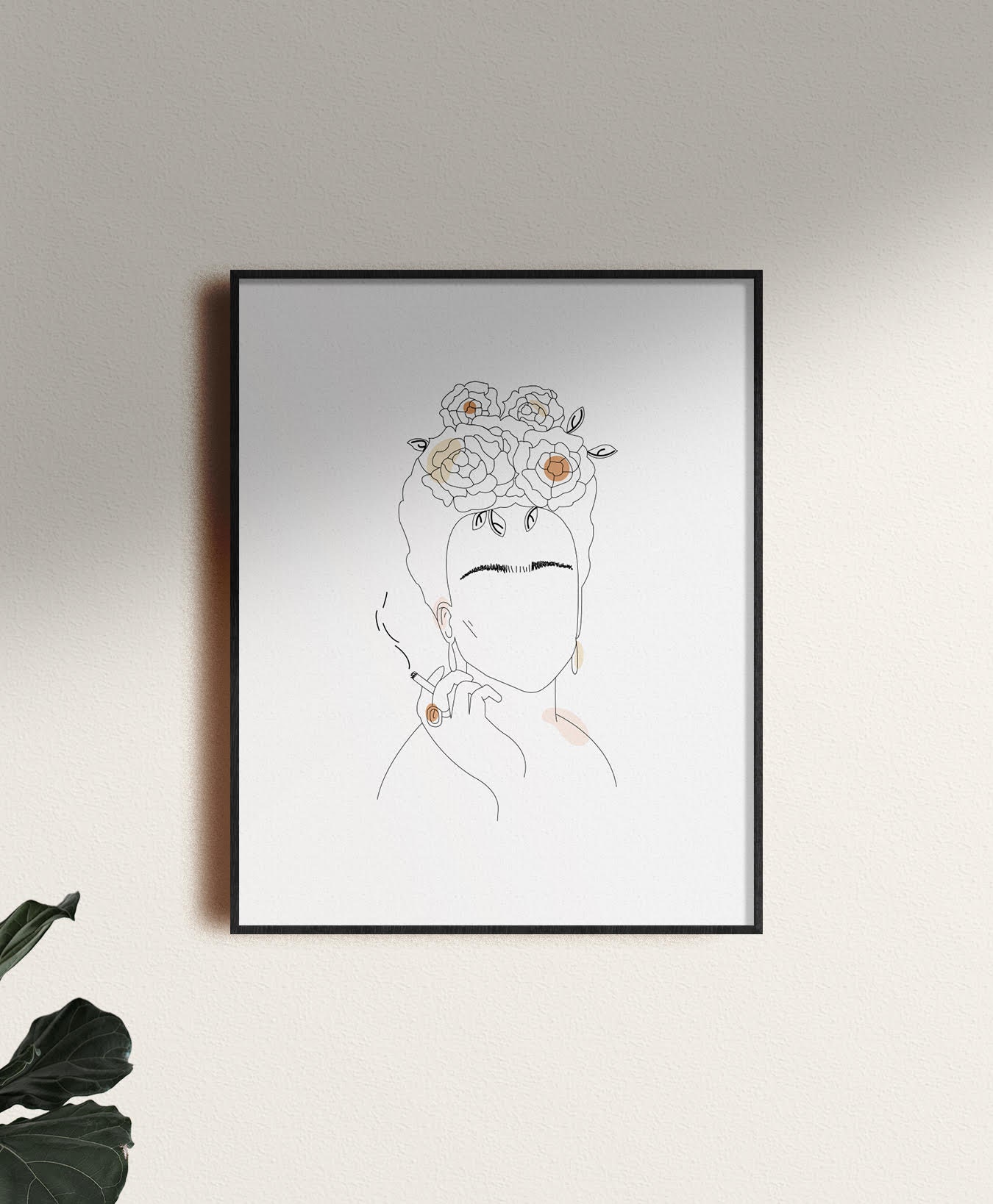 Frida Visage - Line Art Affiche Minimaliste Portrait Femme Art Botanique- Fleurs