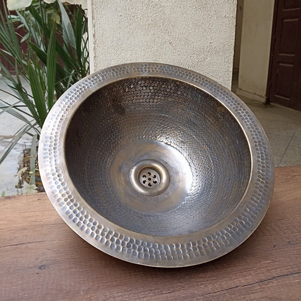 Artisanal Handmade Brass Vessel Sink - Round Bronze Finish - Hammered Mid Century Design - Custom Bathroom Sink