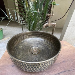 Artisanal Handmade Brass Vessel Sink - Round Bronze Finish - Hammered Mid Century Design - Custom Bathroom Sink