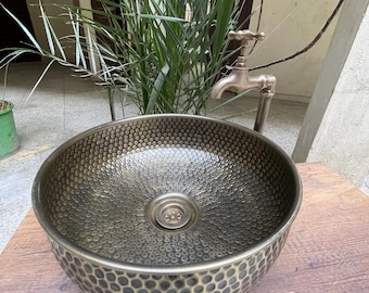 Artisanal Handmade Brass Vessel Sink - Round Bronze Finish - Hammered Mid Century Design - Custom Bathroom Sink