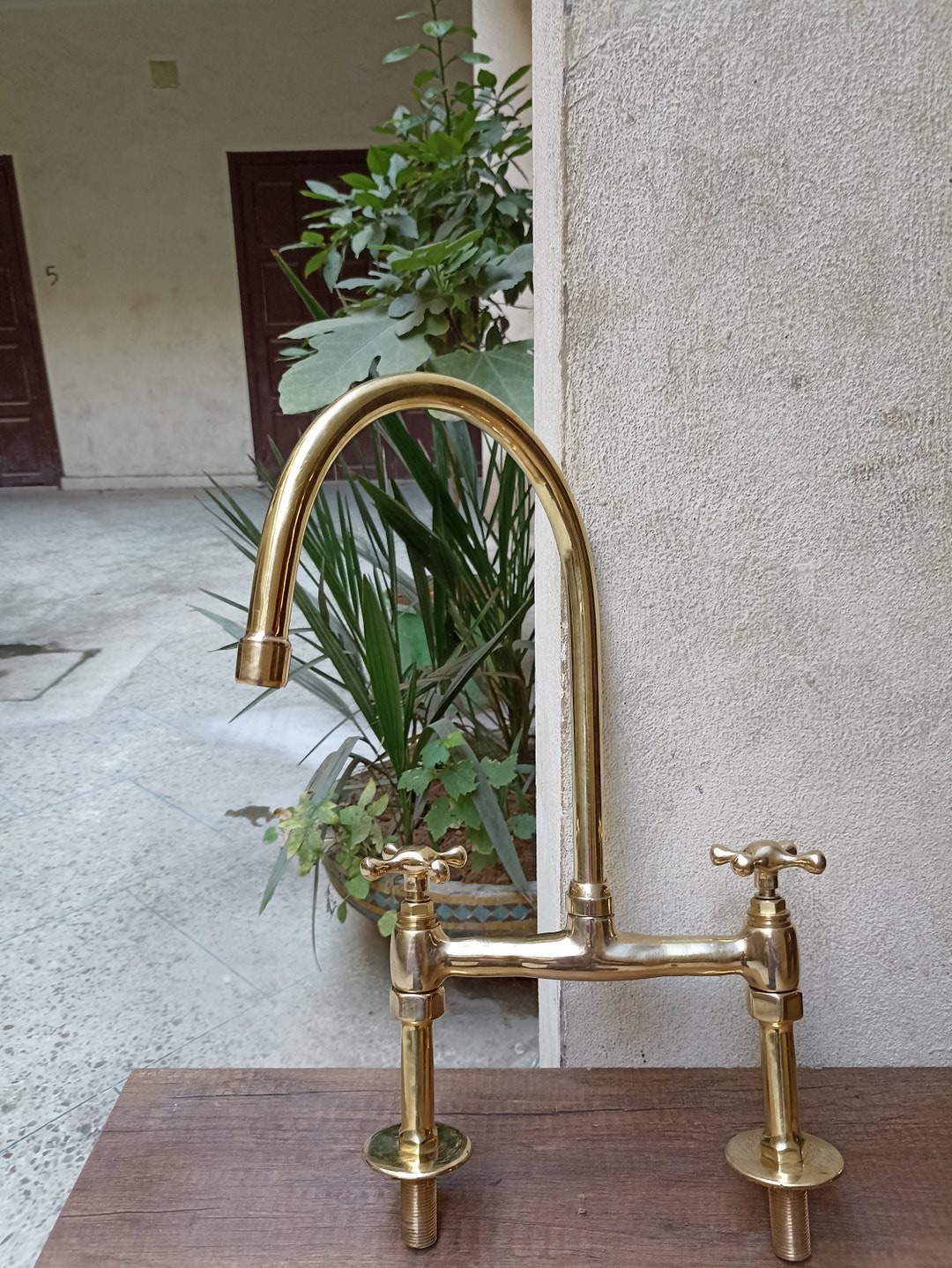 Customizable Unlacquered Brass Bridge Faucet - 2 Handles Kitchen Faucet ...