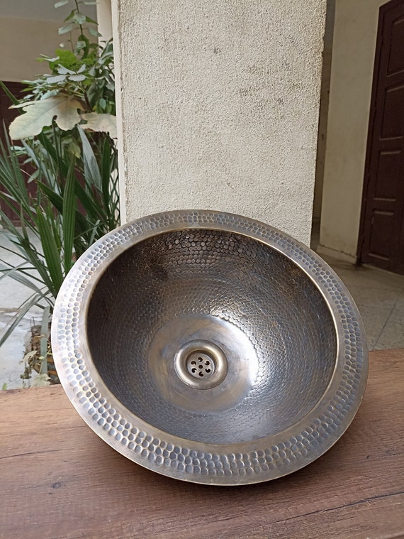Artisanal Handmade Brass Vessel Sink - Round Bronze Finish - Hammered Mid Century Design - Custom Bathroom Sink