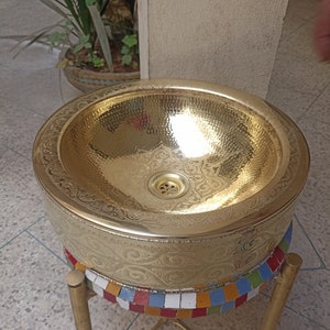 Exquisite Moroccan Brass Sink: Handmade Floral Trim, Gold-Colored Kitchen Sink, Unique Home Decor Gift - Vanity Sink from Morocco