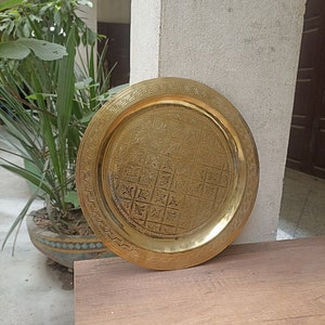 Authentic Moroccan Handcrafted Brass Tray - Intricately Engraved Moroccan Round Brass Tray - Solid Brass Artisanal Masterpiece