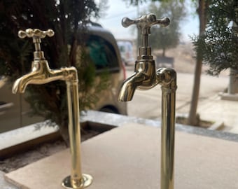 Pair of 2 Unlacquered Brass Wall Mount Water Faucets - Moroccan Inspired Vintage Bathroom Taps with Hammered Finish