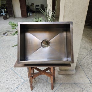 Handcrafted Unlacquered Brass Bar Sink, Rectangular Brass Prep Sink, Antique Patina Finish, Handmade Kitchen Sink