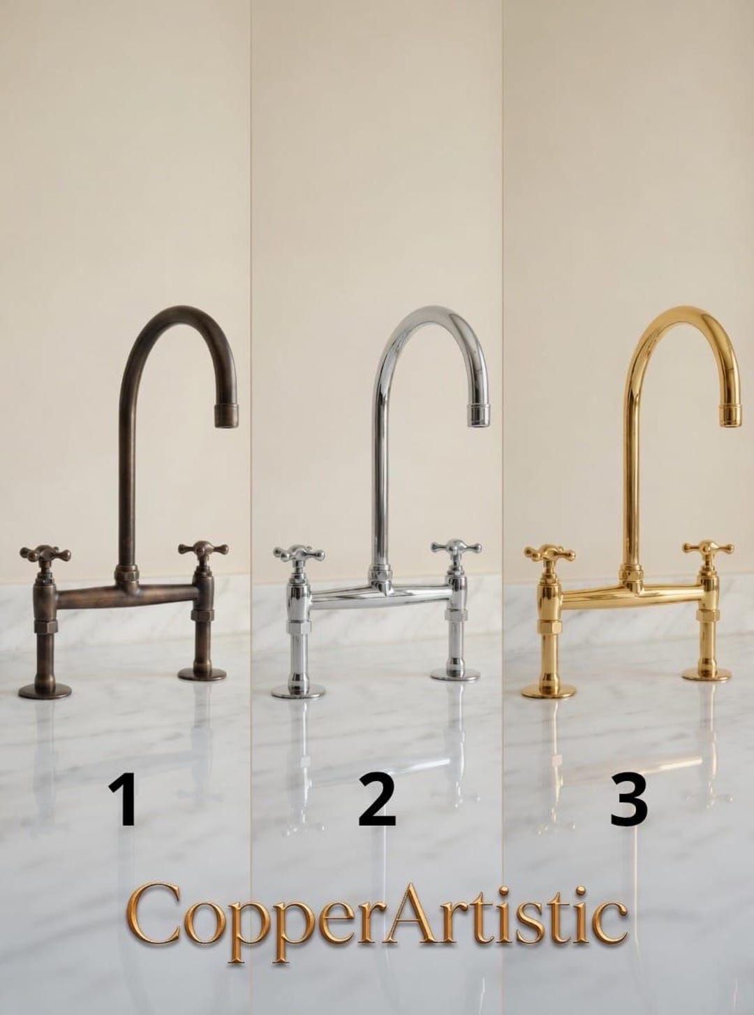 Customizable Unlacquered Brass Bridge Faucet - 2 Handles Kitchen Faucet ...