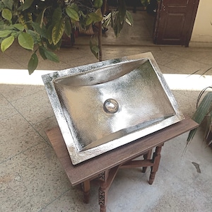 Handcrafted Hammered Brass Sink with Silver Finish - Elegant Rectangular Undermount Design for Kitchen and Bathroom .