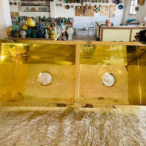 Handcrafted Double Brass Undermount Bar Sink Set - Off-Centered Drains - Polished Brass Finish - Kitchen Sink Pair for Elegance.