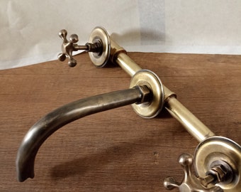 Patinated brass faucet Wall-mounted brass faucet with two crossed handles + brass valve - Vintage faucet.