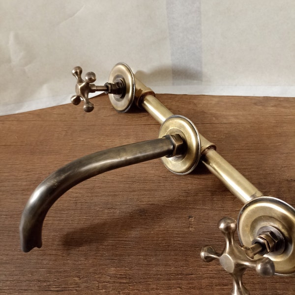 Patinated brass faucet Wall-mounted brass faucet with two crossed handles + brass valve - Vintage faucet.