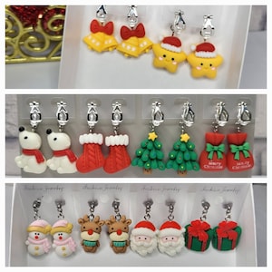 Christmas dangly earrings clip on available santa reindeer gonk Christmas tree present stocking snowman gingerbread man santa sack bells