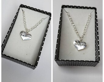 Big sister and princess heart charm necklaces with Cubic Zirconia