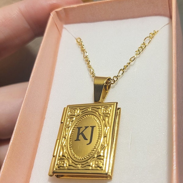 Engravable book photo locket on a gold filled chain