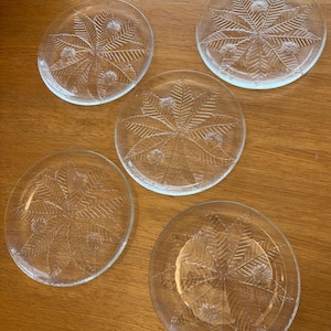 May include: A set of five clear glass plates, each featuring a textured, embossed pattern of radiating leaves and small, round, spiky seed pods. The plates are circular with smooth edges and a transparent finish, displaying a consistent botanical design.