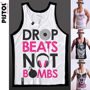 Pistol Boutique Men's White Standard Fit "Drob Beats Not Bombs" Music record Player Vinyl Singlet / Tank / Vest Top