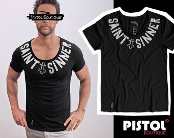 T-shirt Pistol Boutique Blanc - Col V Profond - Motif Crâne Couronne - Taille Ajustée