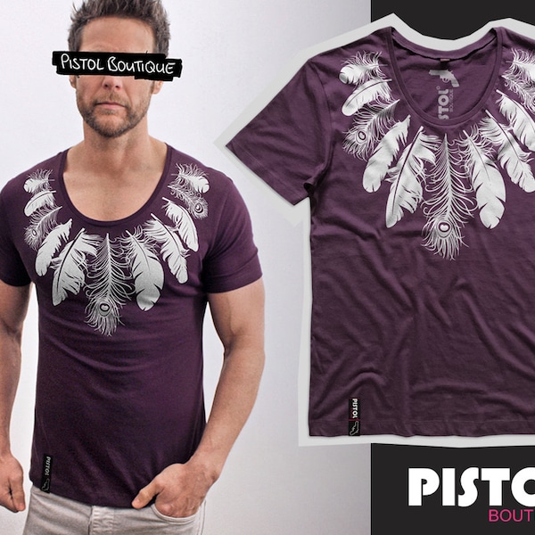 Pistolet Boutique Poids Léger Homme Vin / Bourgogne / Marron Ajusté « Plumes de cou » Scoop Bas Col Rond Fashion Tee-shirt, T-Shirt - VENTE