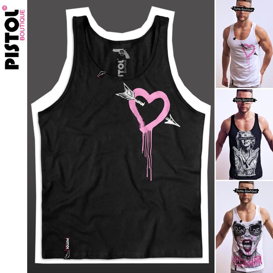 Débardeur Homme Pistol Boutique Noir - Motif Flèche Peinture Goutte Cœur - Coton, Sans Manches - Neuf Avec étiquettes
