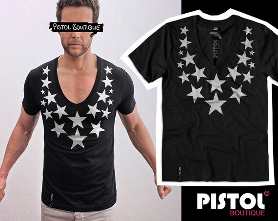 Men's Black Fitted Deep V-Neck T-Shirt With Chest Logo - Pistol Boutique, Plain Design