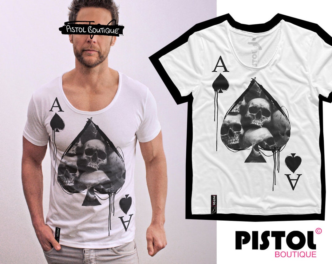 Pistol Boutique Men's White Crew Neck ACE OF SPADES SKULL T-Shirt - S/M
